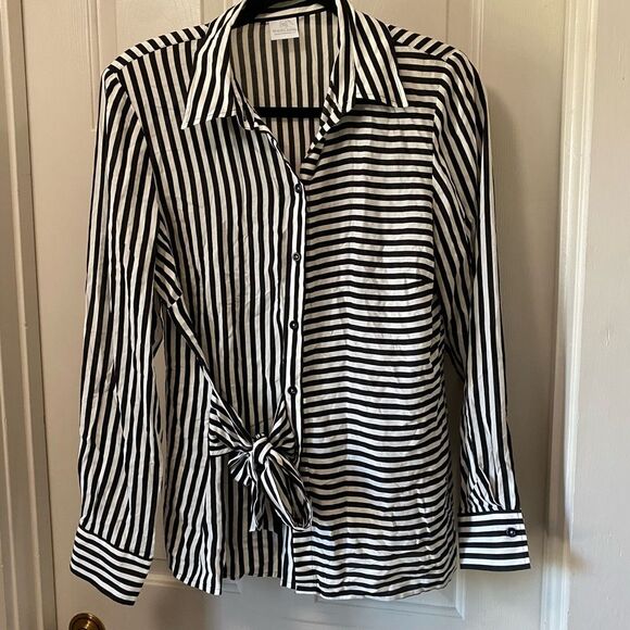 Madeleine Reverse Stripe Tye Button Blouse, Black White Shirt, Size 12 - Picture 2 of 9